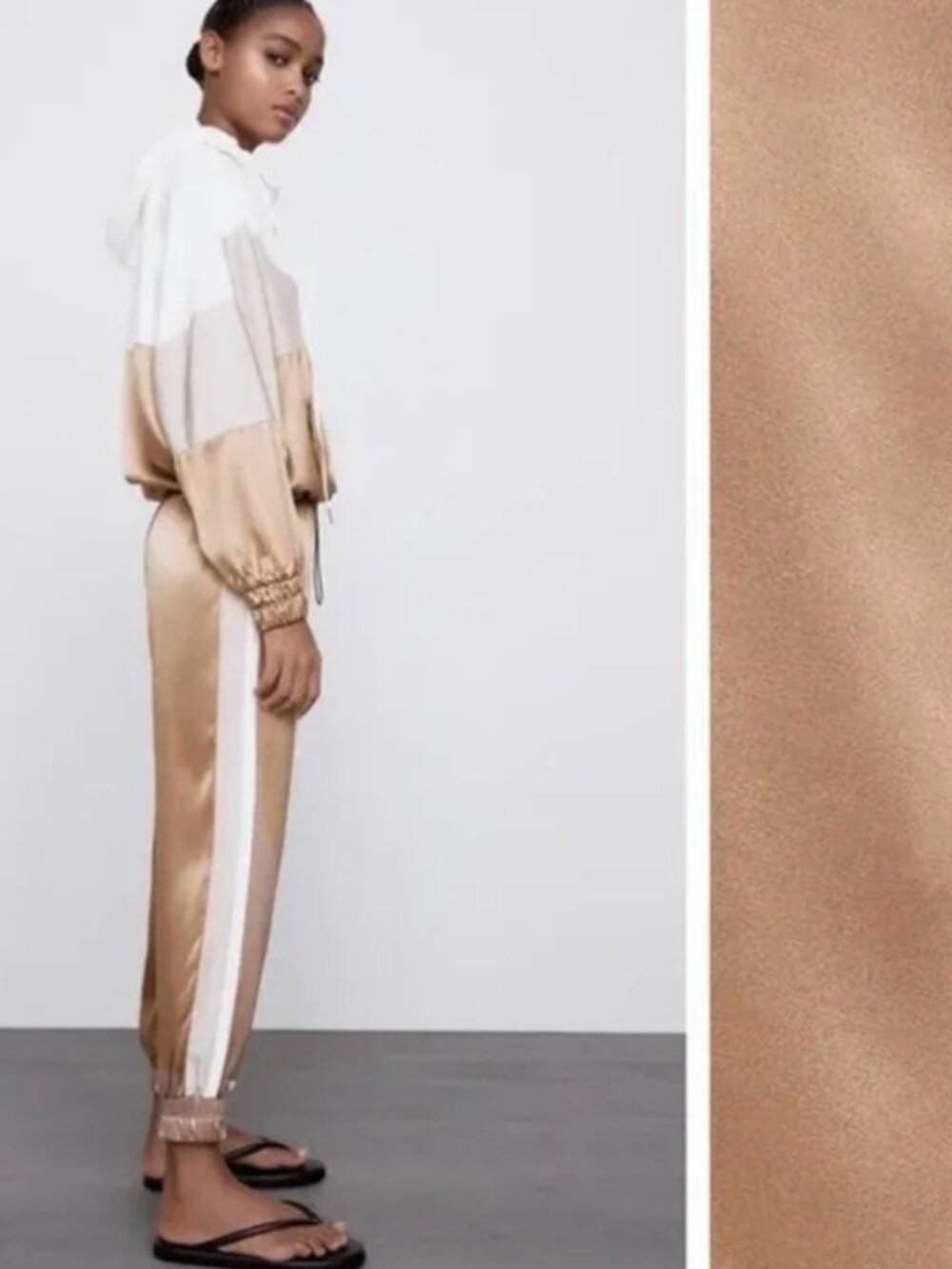 ZARA Champagne Satin Sporty Tuxedo Jogger Pants L